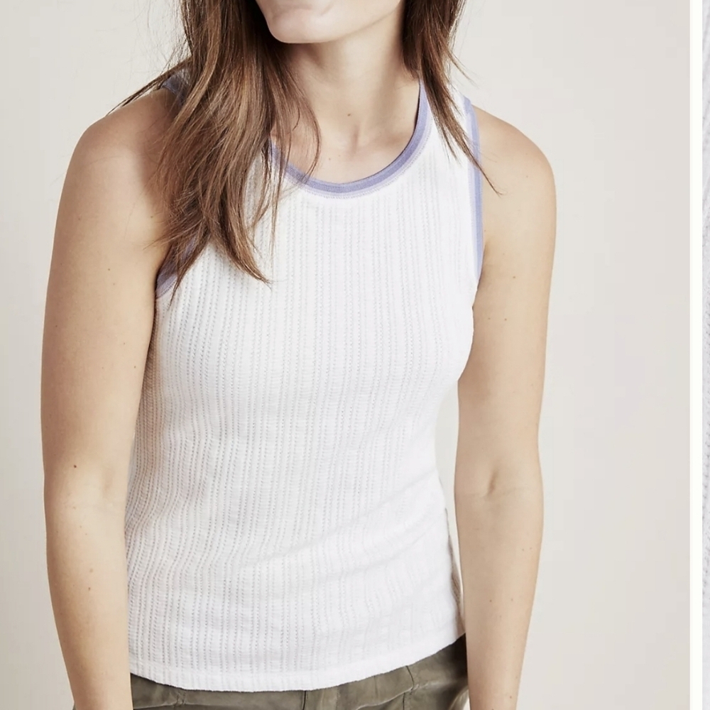 Anthropologie Seidler Ribbed Tank White and Lavender Trim Tank Top Size M